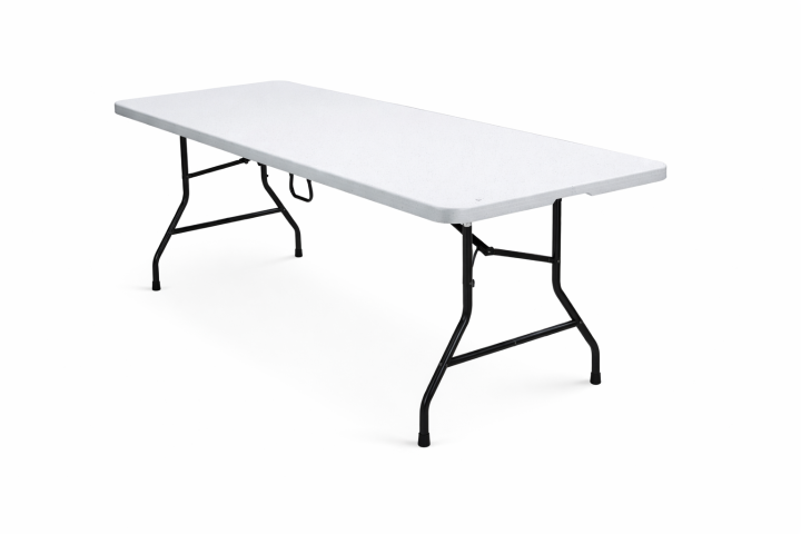 Rectangular white folding table with black metal legs.