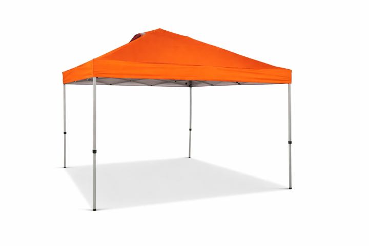 Orange pop-up canopy tent with a peaked roof and four metal legs.
