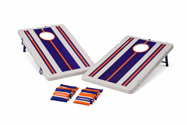 Two striped cornhole boards