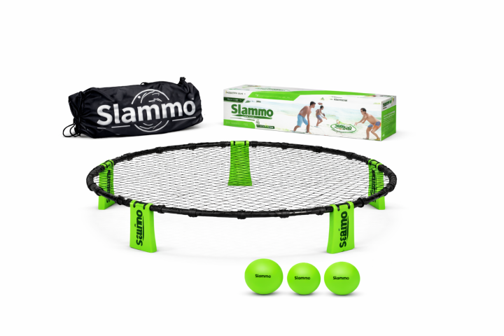 Slammo game set with net, three green balls, carrying bag, and box.