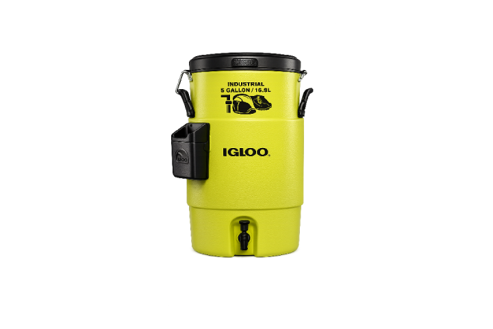 Yellow industrial 5-gallon Igloo water cooler with black lid and handle.
