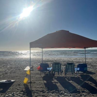 Sunny beach scene with chairs under a canopy by the ocean.