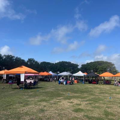 Outdoor event with people under colorful tents on a sunny day.